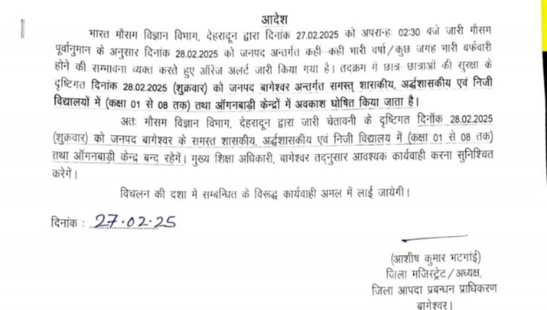 मौसम विभाग द्वारा जारी अलर्ट को देखते हुए बागेश्वर जिले